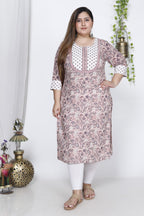Plus Size Peach Cotton Floral Print Straight Kurta-710