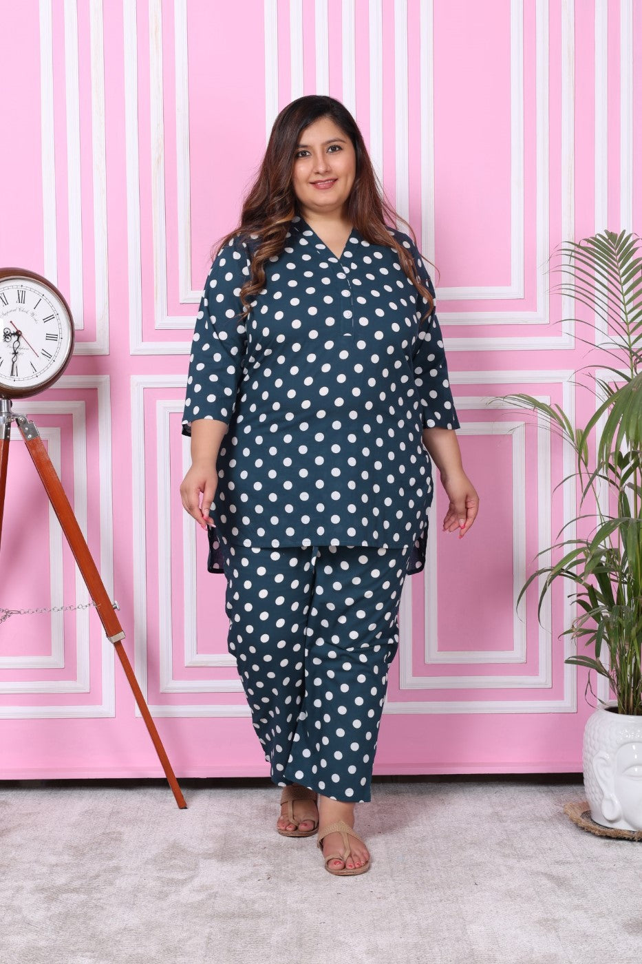 Plus Size Blue Cotton Polka Dots Print Co-ord Set -1200006 Secondary image