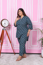 Plus Size Blue Cotton Polka Dots Print Co-ord Set -1200006
