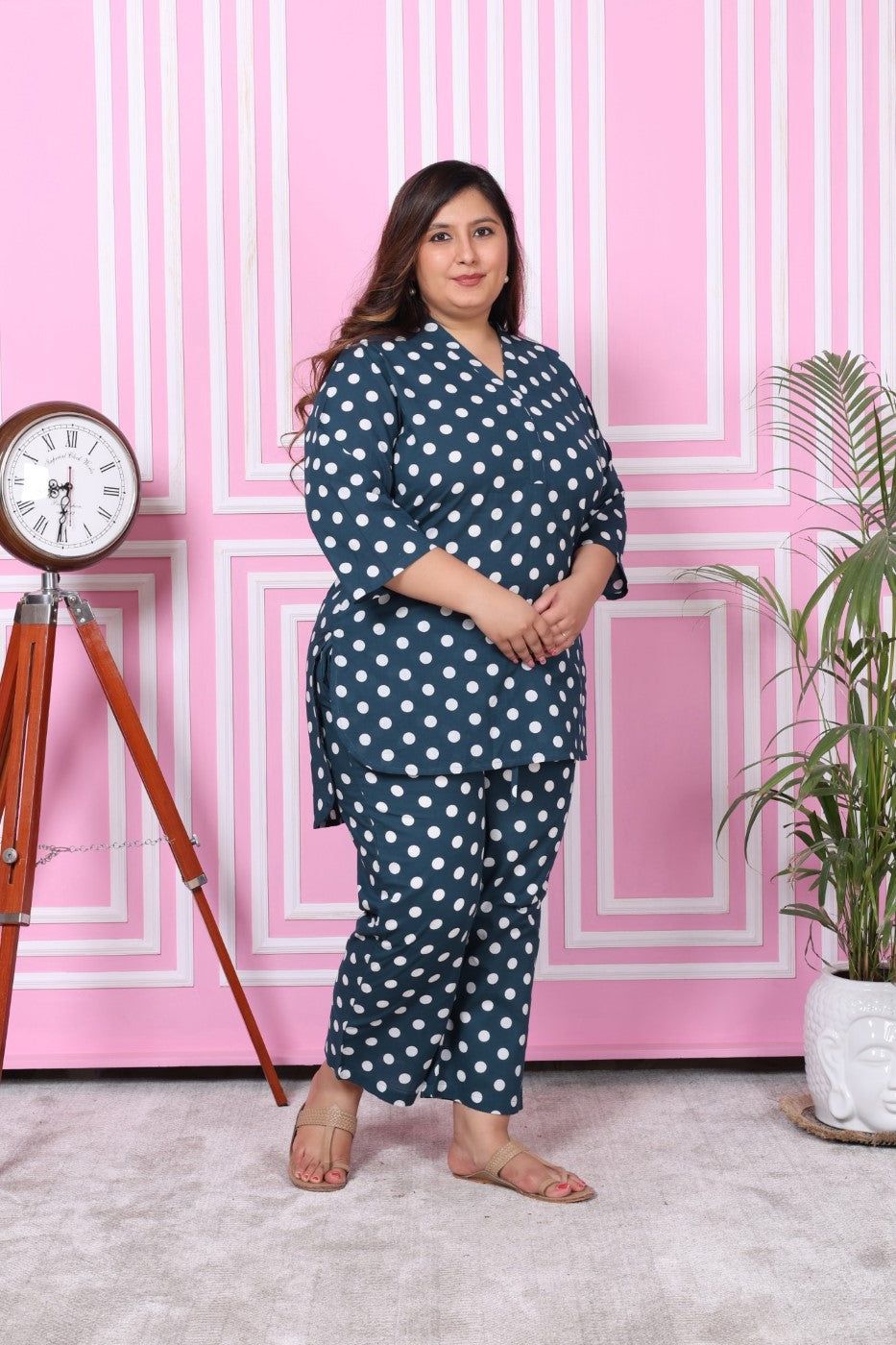 Plus Size Blue Cotton Polka Dots Print Co-ord Set -1200006