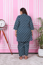 Plus Size Blue Cotton Polka Dots Print Co-ord Set -1200006