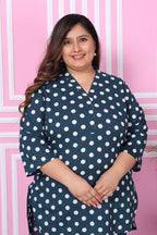 Plus Size Blue Cotton Polka Dots Print Co-ord Set -1200006