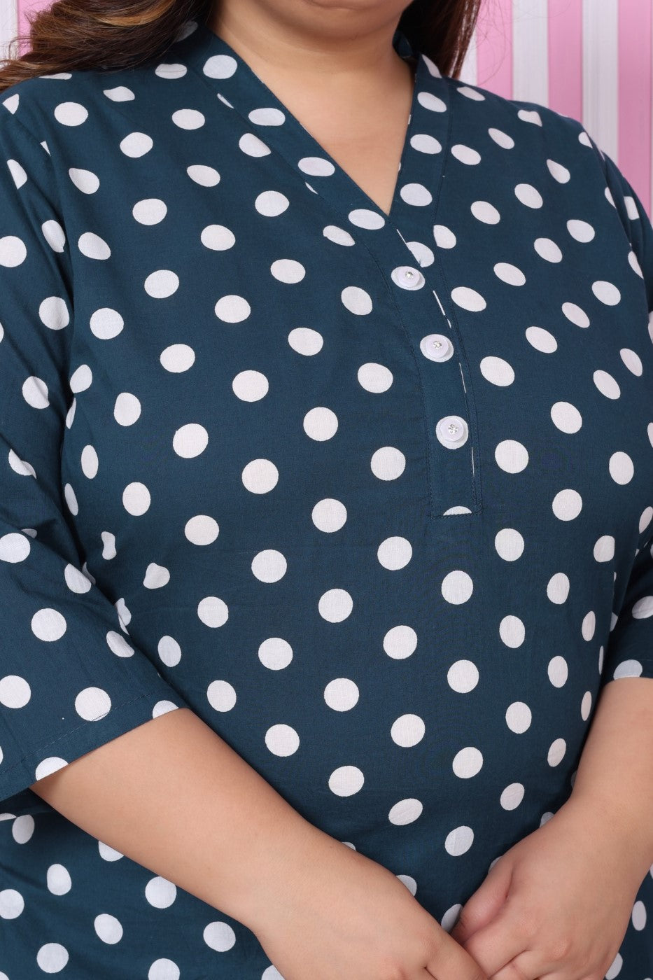 Plus Size Blue Cotton Polka Dots Print Co-ord Set -1200006