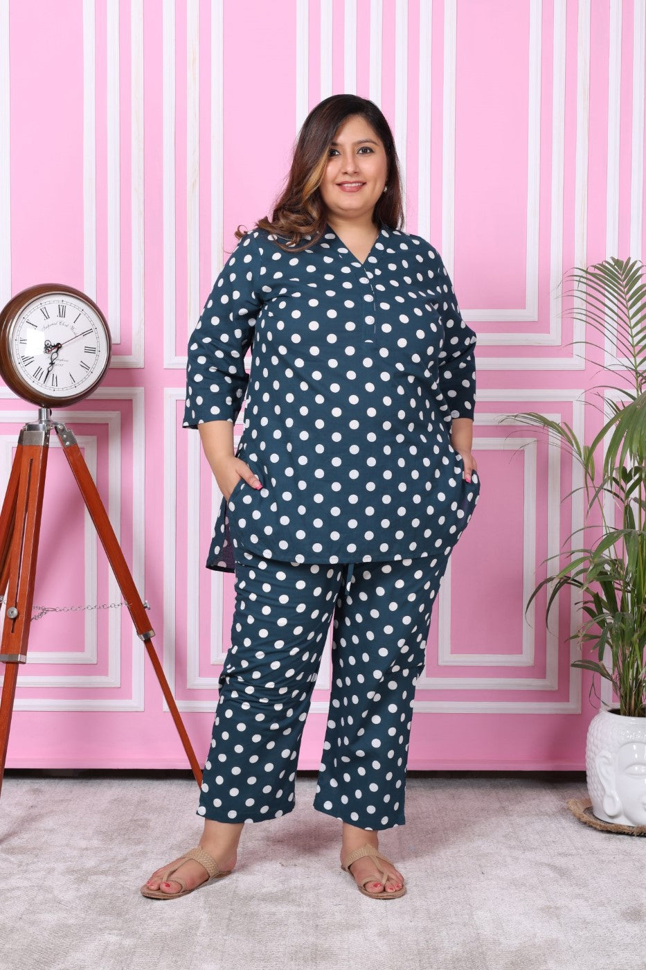 Plus Size Blue Cotton Polka Dots Print Co-ord Set -1200006