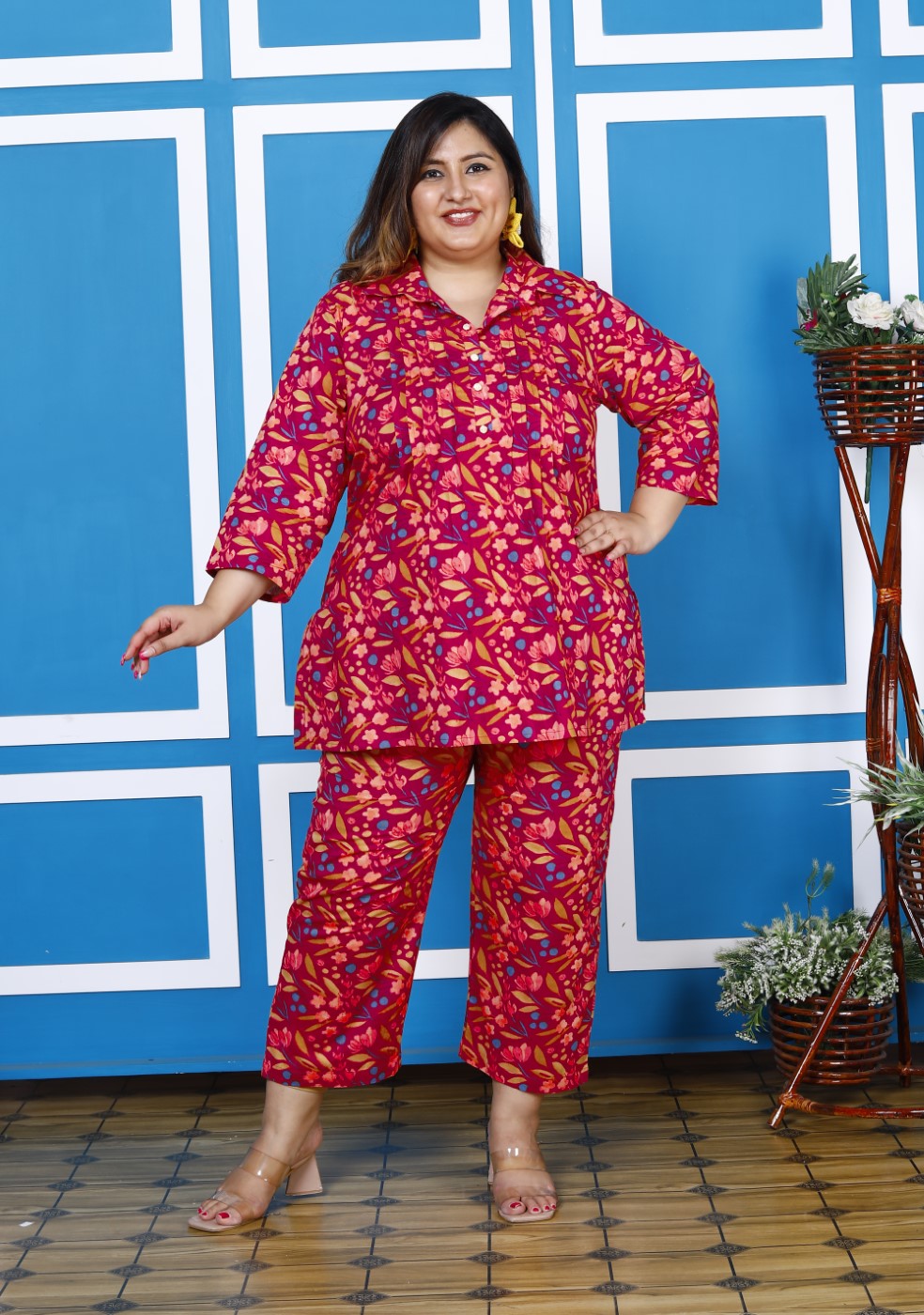 Plus Size Pink Cotton Floral Print Co-ord Set -1200007 Secondary image