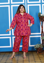 Plus Size Pink Cotton Floral Print Co-ord Set -1200007