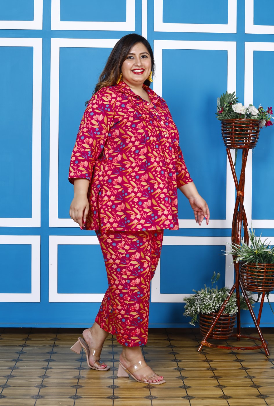 Plus Size Pink Cotton Floral Print Co-ord Set -1200007