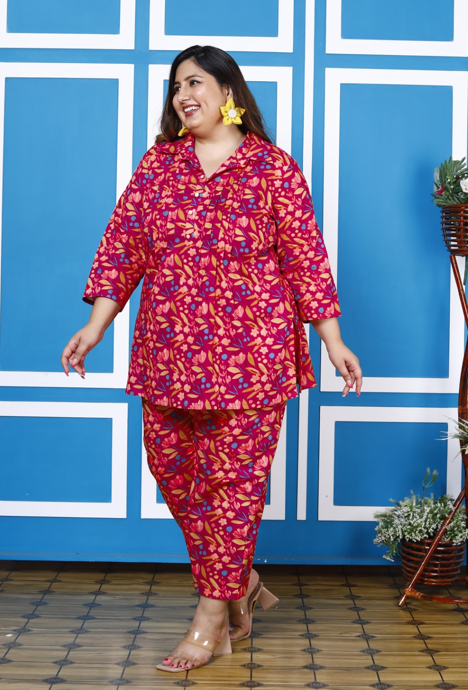 Plus Size Pink Cotton Floral Print Co-ord Set -1200007