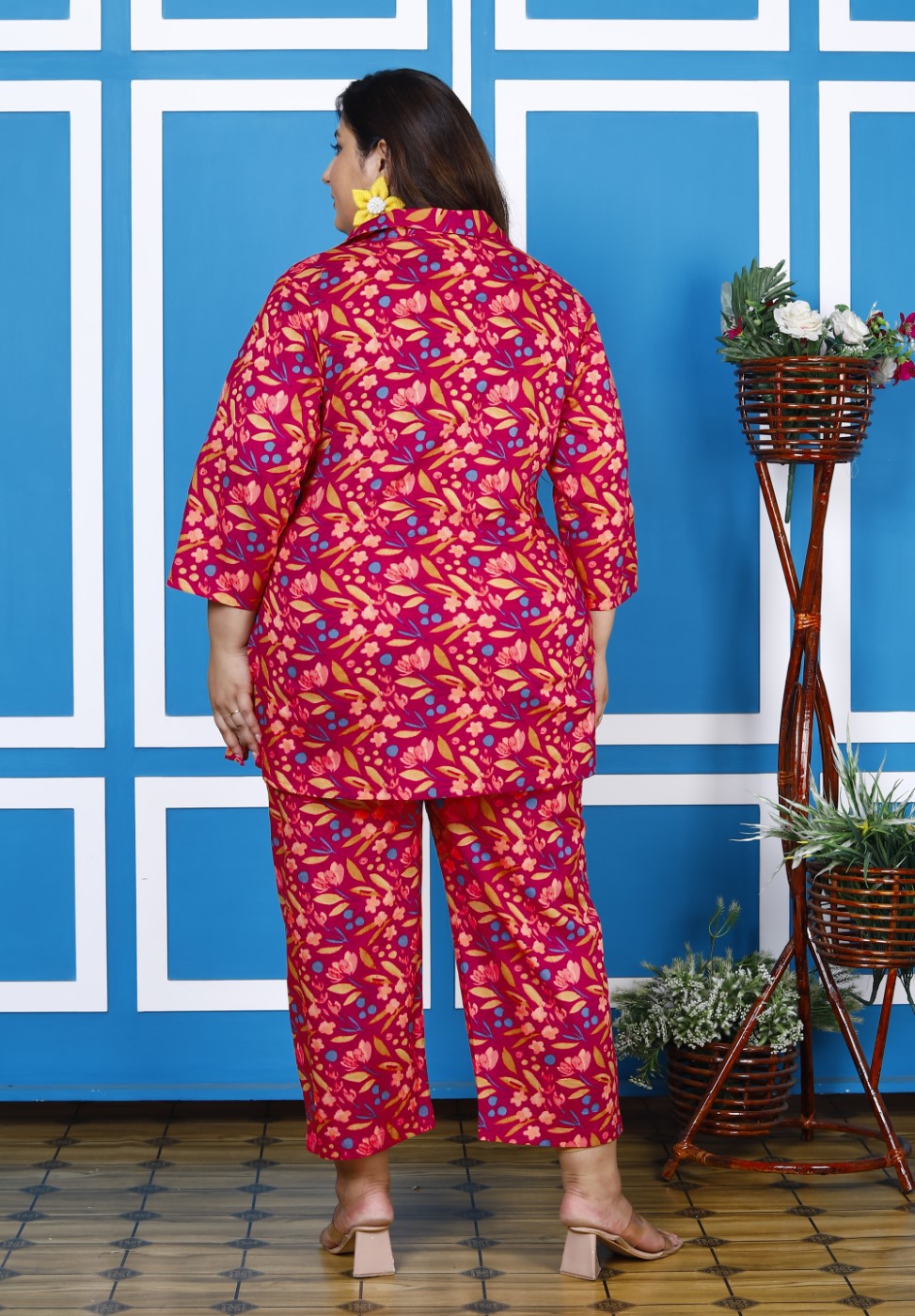 Plus Size Pink Cotton Floral Print Co-ord Set -1200007