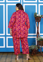 Plus Size Pink Cotton Floral Print Co-ord Set -1200007