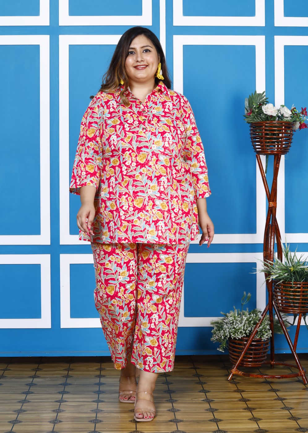 Plus Size Pink Cotton Floral Print Co-ord Set -1200008 Secondary image