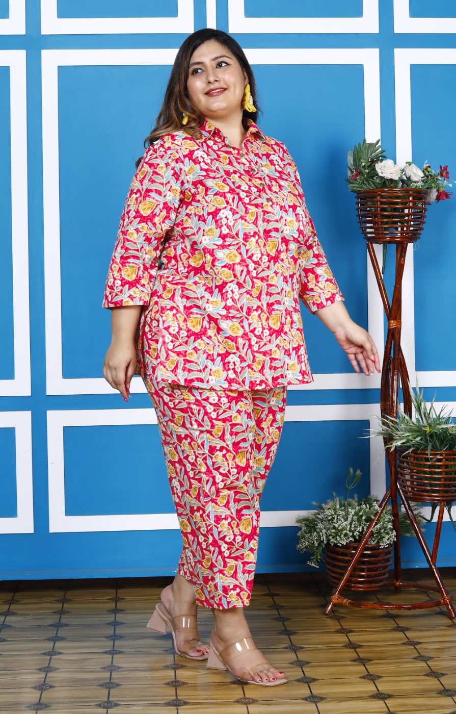 Plus Size Pink Cotton Floral Print Co-ord Set -1200008