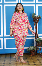Plus Size Pink Cotton Floral Print Co-ord Set -1200008
