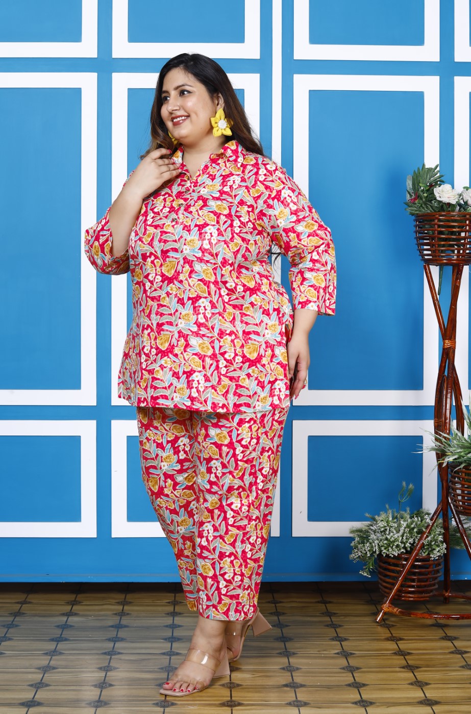 Plus Size Pink Cotton Floral Print Co-ord Set -1200008