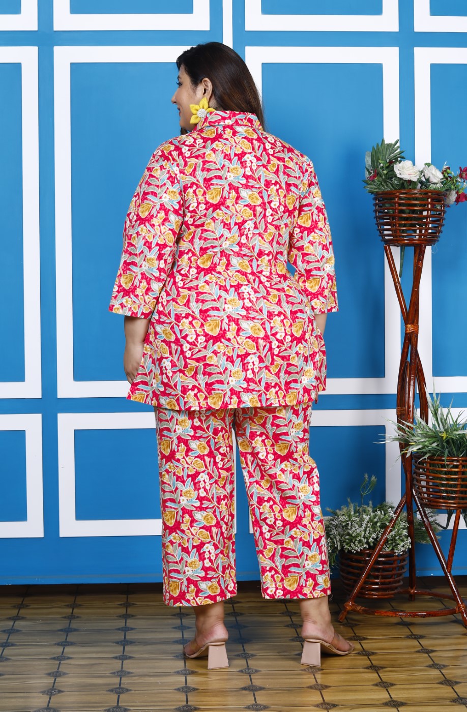 Plus Size Pink Cotton Floral Print Co-ord Set -1200008