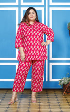 Plus Size Pink Cotton Floral Print Co-ord Set -1200009