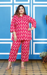 Plus Size Pink Cotton Floral Print Co-ord Set -1200009