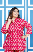 Plus Size Pink Cotton Floral Print Co-ord Set -1200009