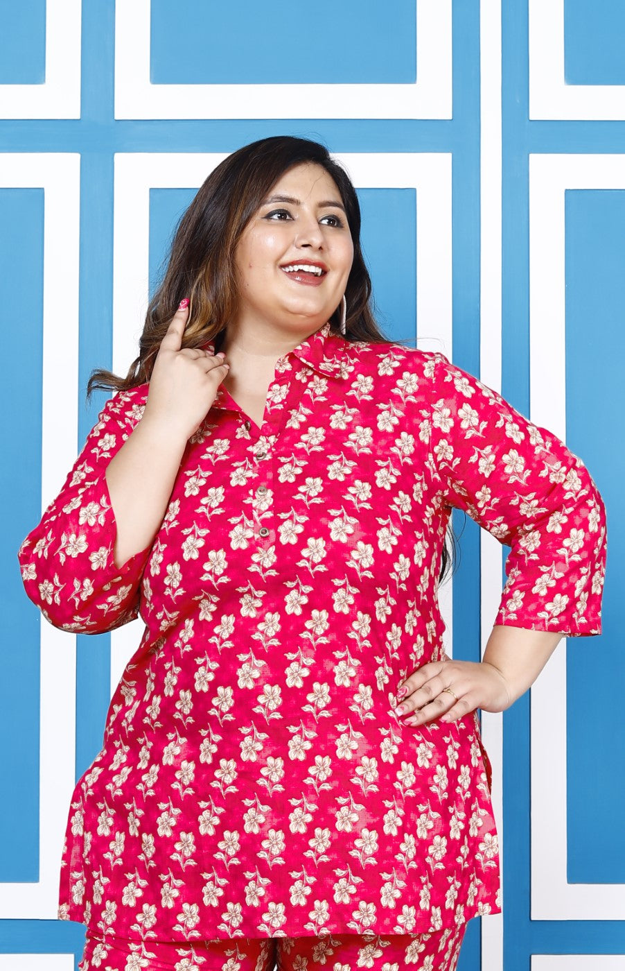 Plus Size Pink Cotton Floral Print Co-ord Set -1200009