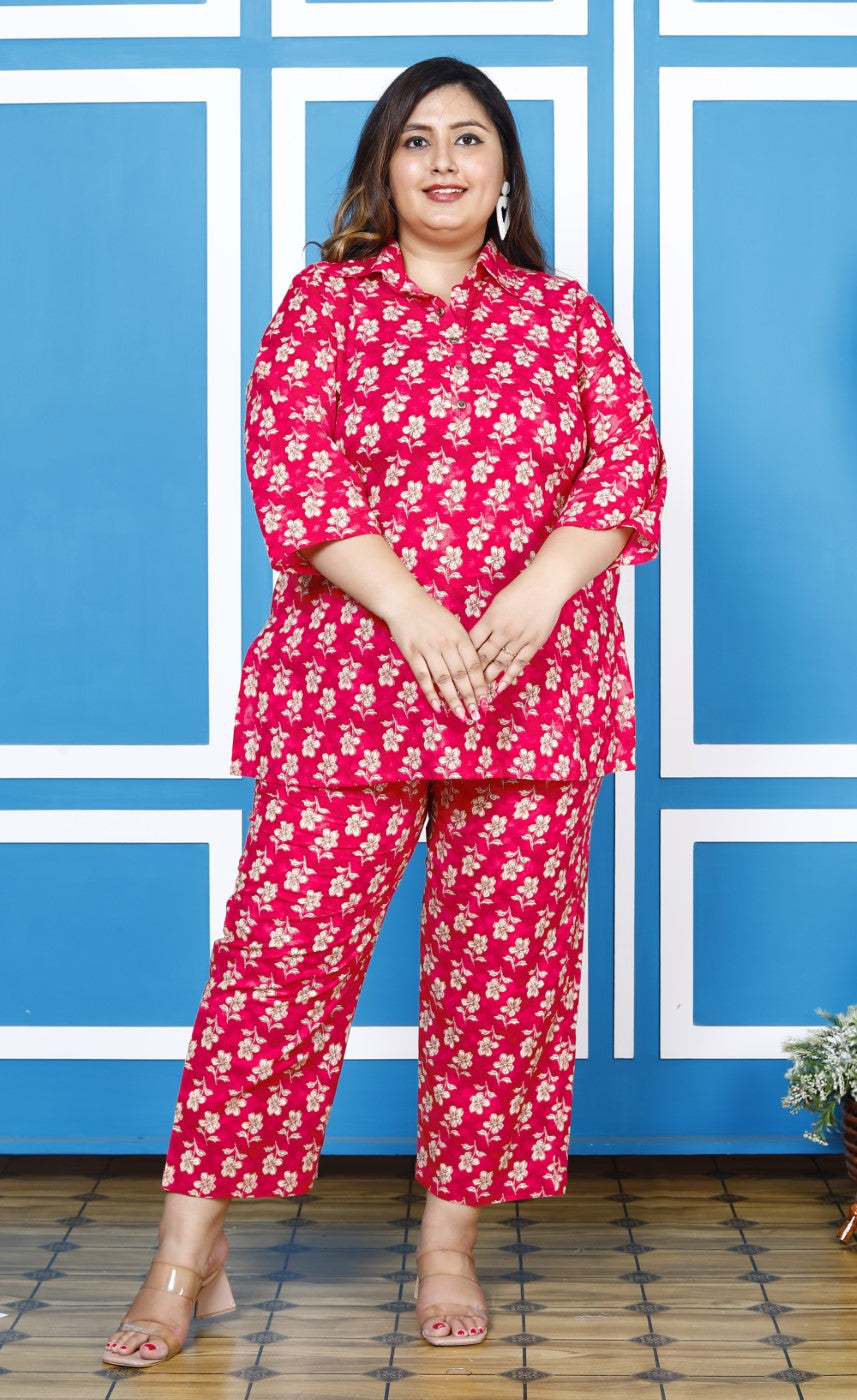 Plus Size Pink Cotton Floral Print Co-ord Set -1200009 Main image