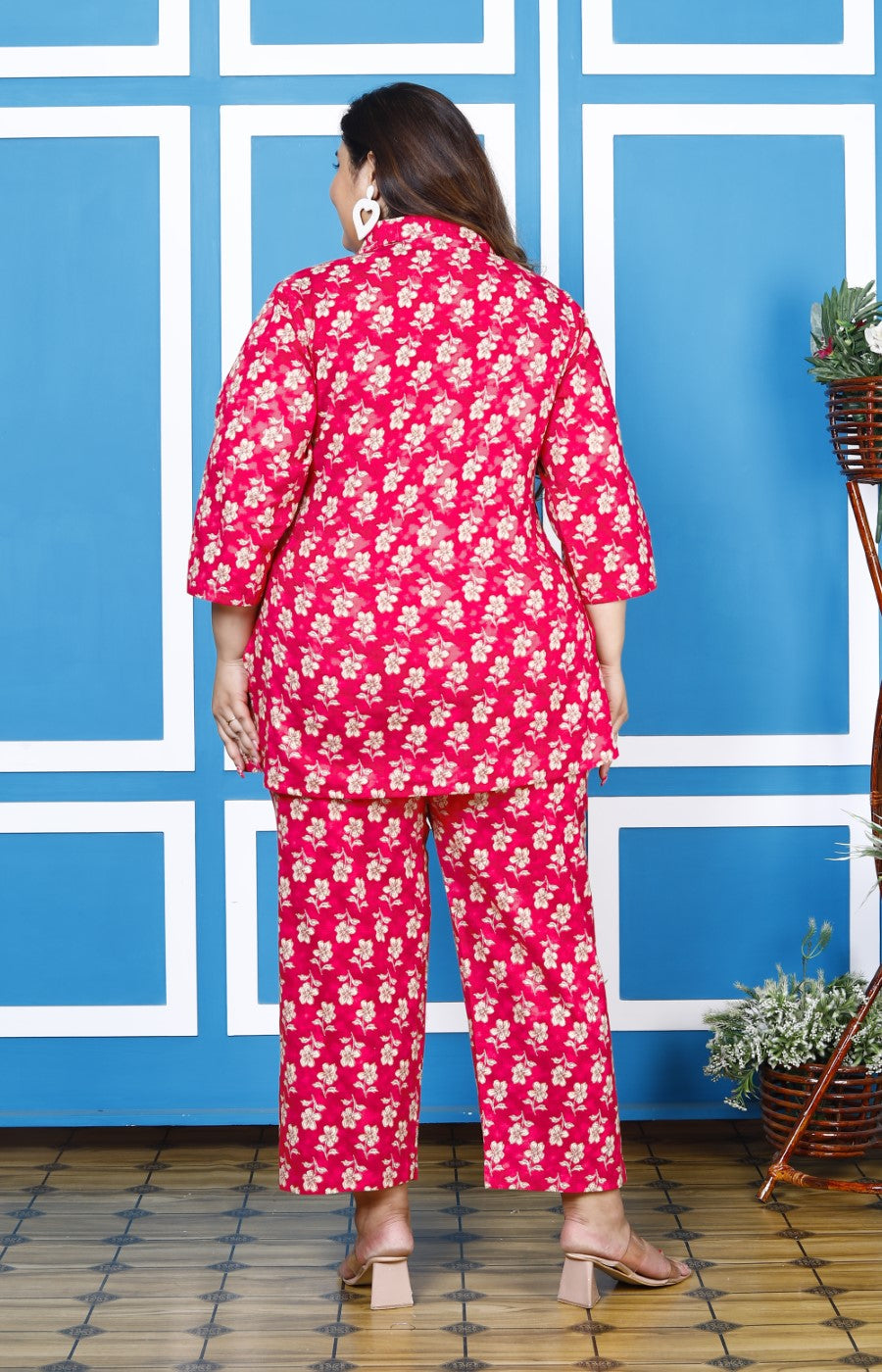 Plus Size Pink Cotton Floral Print Co-ord Set -1200009