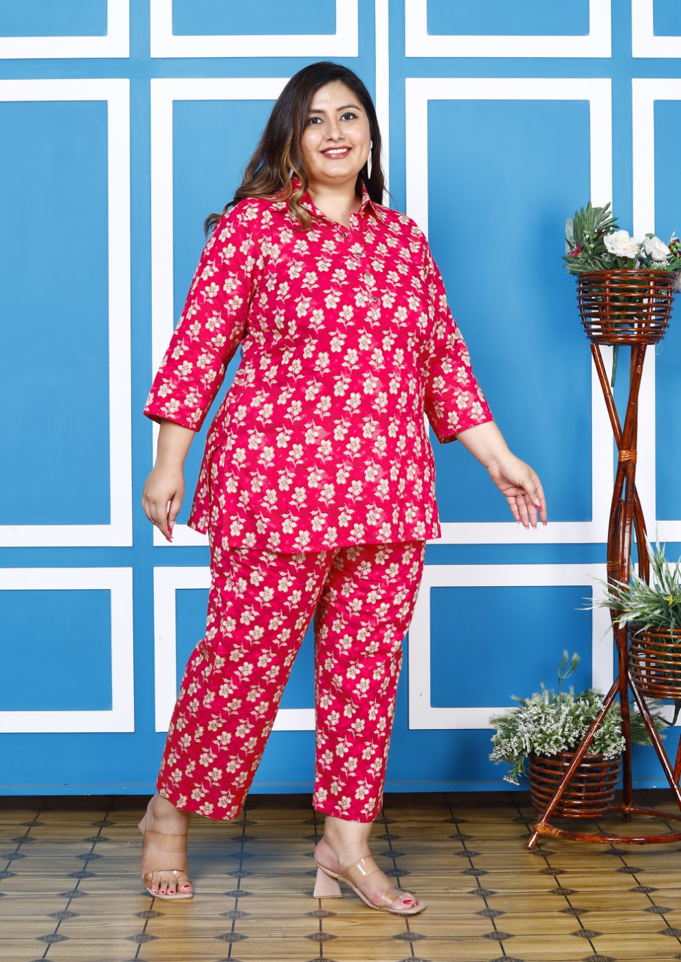 Plus Size Pink Cotton Floral Print Co-ord Set -1200009