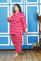 Plus Size Pink Cotton Floral Print Co-ord Set -1200009