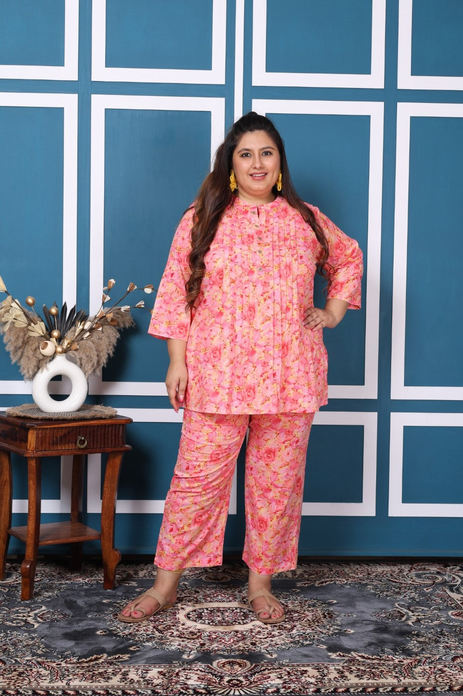Plus Size Pink Cotton Floral Print Co-ord Set -1200010 Main image