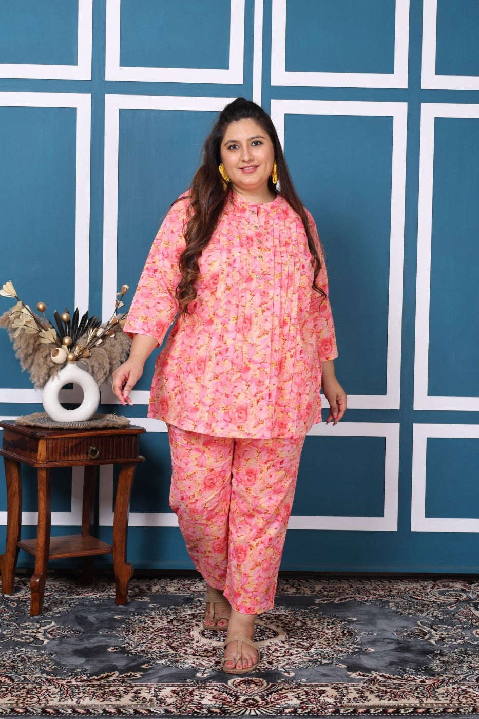 Plus Size Pink Cotton Floral Print Co-ord Set -1200010
