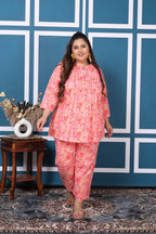 Plus Size Pink Cotton Floral Print Co-ord Set -1200010