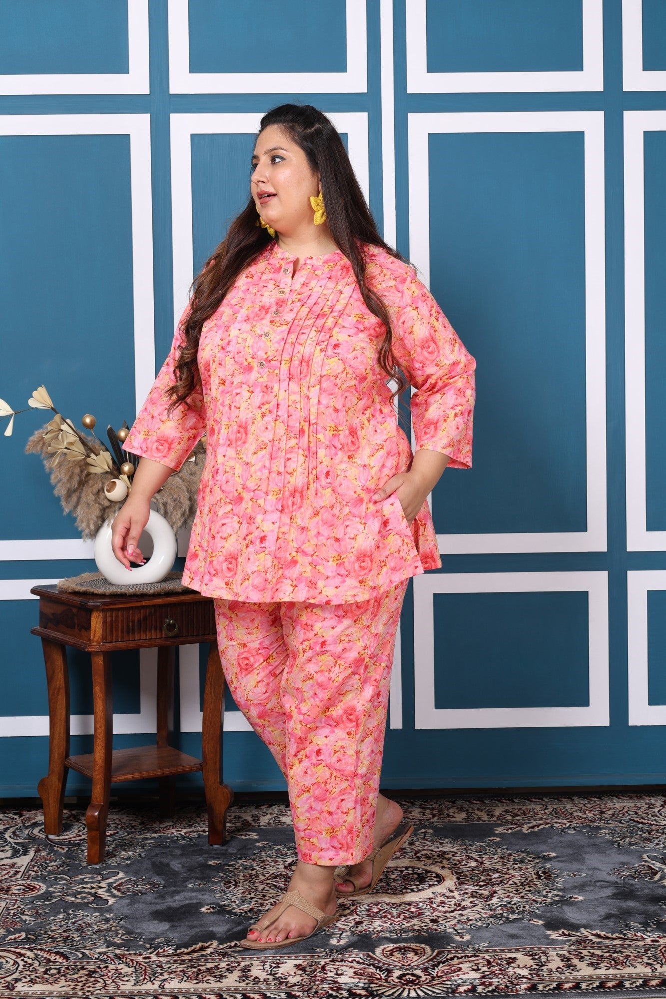 Plus Size Pink Cotton Floral Print Co-ord Set -1200010