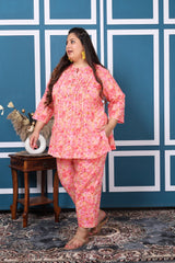 Plus Size Pink Cotton Floral Print Co-ord Set -1200010