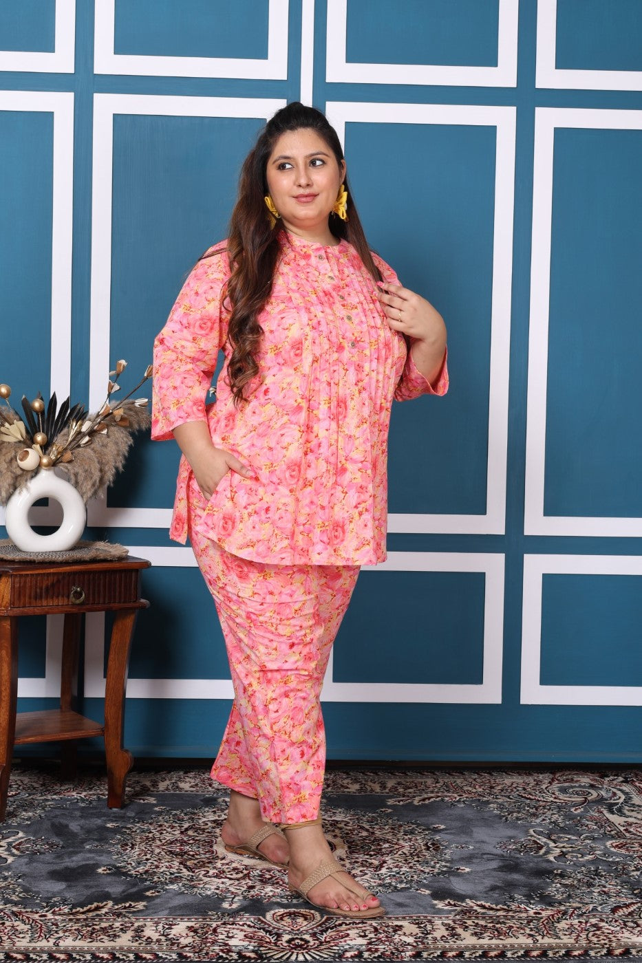 Plus Size Pink Cotton Floral Print Co-ord Set -1200010