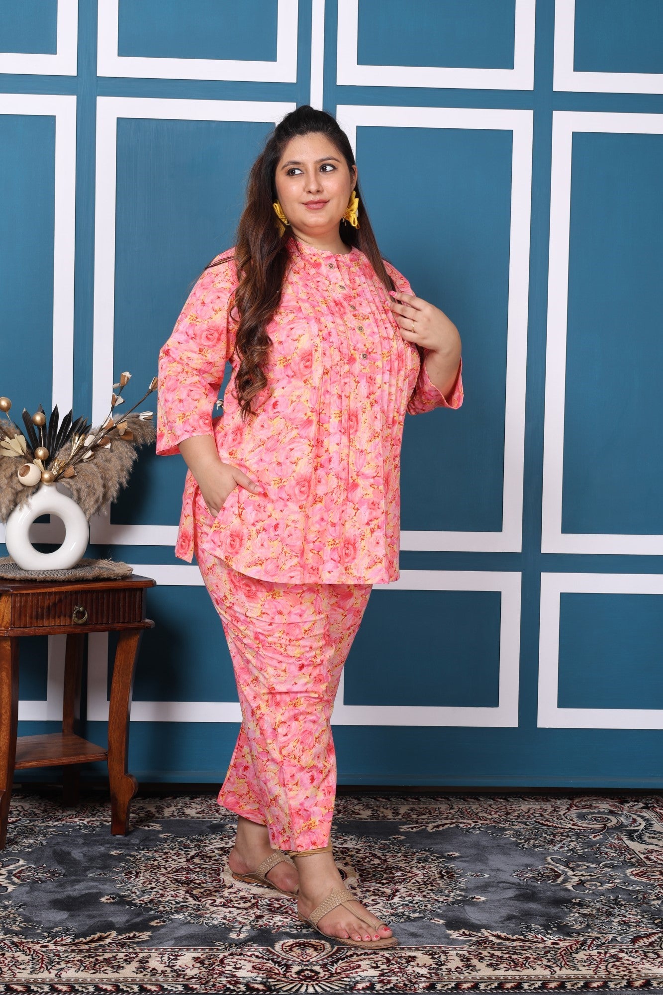 Plus Size Pink Cotton Floral Print Co-ord Set -1200010