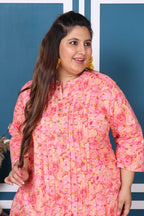 Plus Size Pink Cotton Floral Print Co-ord Set -1200010
