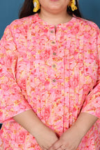 Plus Size Pink Cotton Floral Print Co-ord Set -1200010