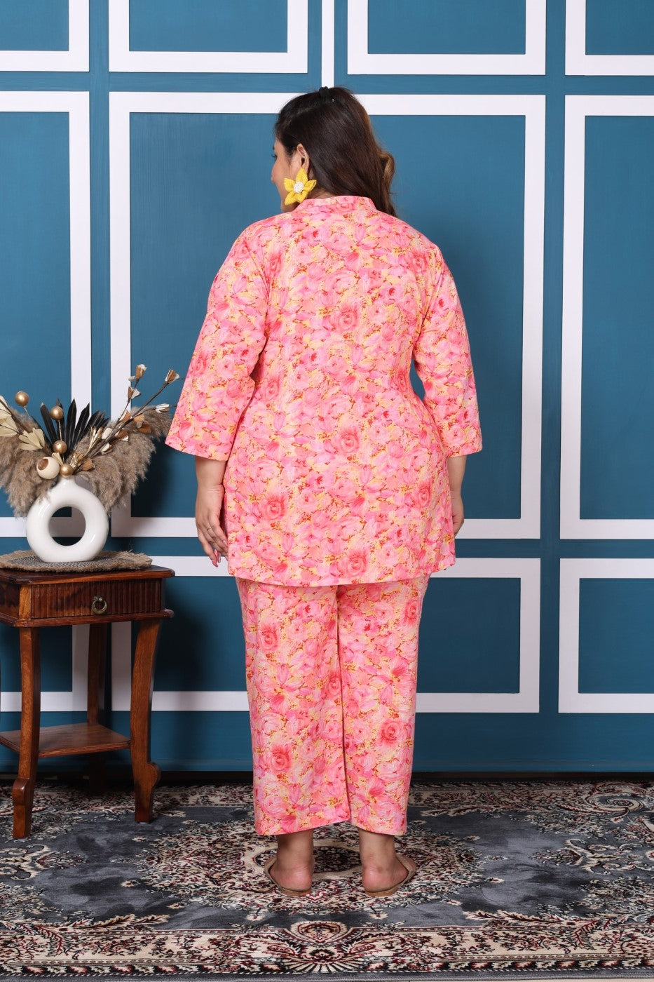 Plus Size Pink Cotton Floral Print Co-ord Set -1200010