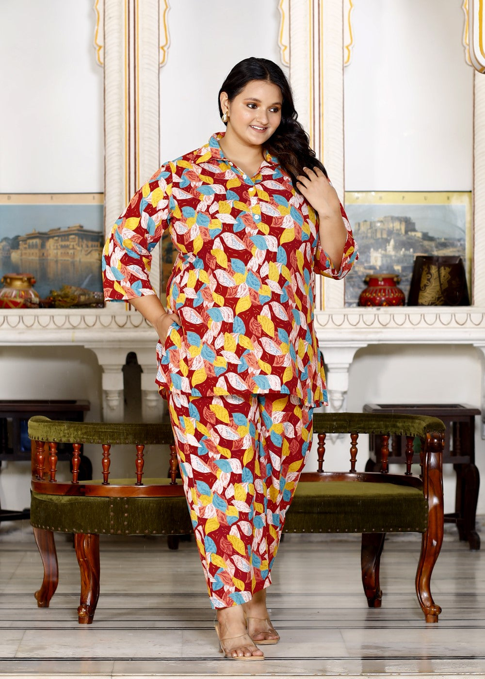 Plus Size Rust Cotton Floral Print Co-ord Set -1200012