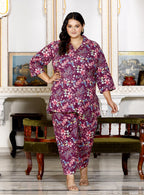 Plus Size Purple Cotton Floral Print Co-ord Set -1200013
