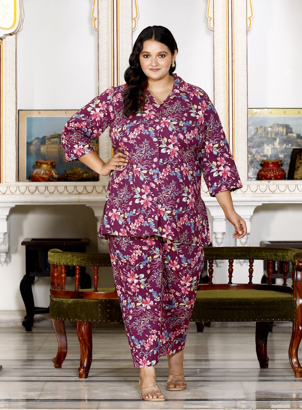 Plus Size Purple Cotton Floral Print Co-ord Set -1200013