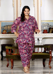 Plus Size Purple Cotton Floral Print Co-ord Set -1200013