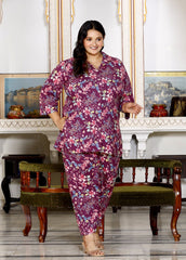 Plus Size Purple Cotton Floral Print Co-ord Set -1200013