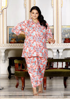 Plus Size Pink Cotton Floral Print Co-ord Set -1200014