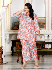 Plus Size Pink Cotton Floral Print Co-ord Set -1200014