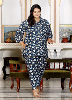 Plus Size Blue Cotton Floral Print Co-ord Set -1200015