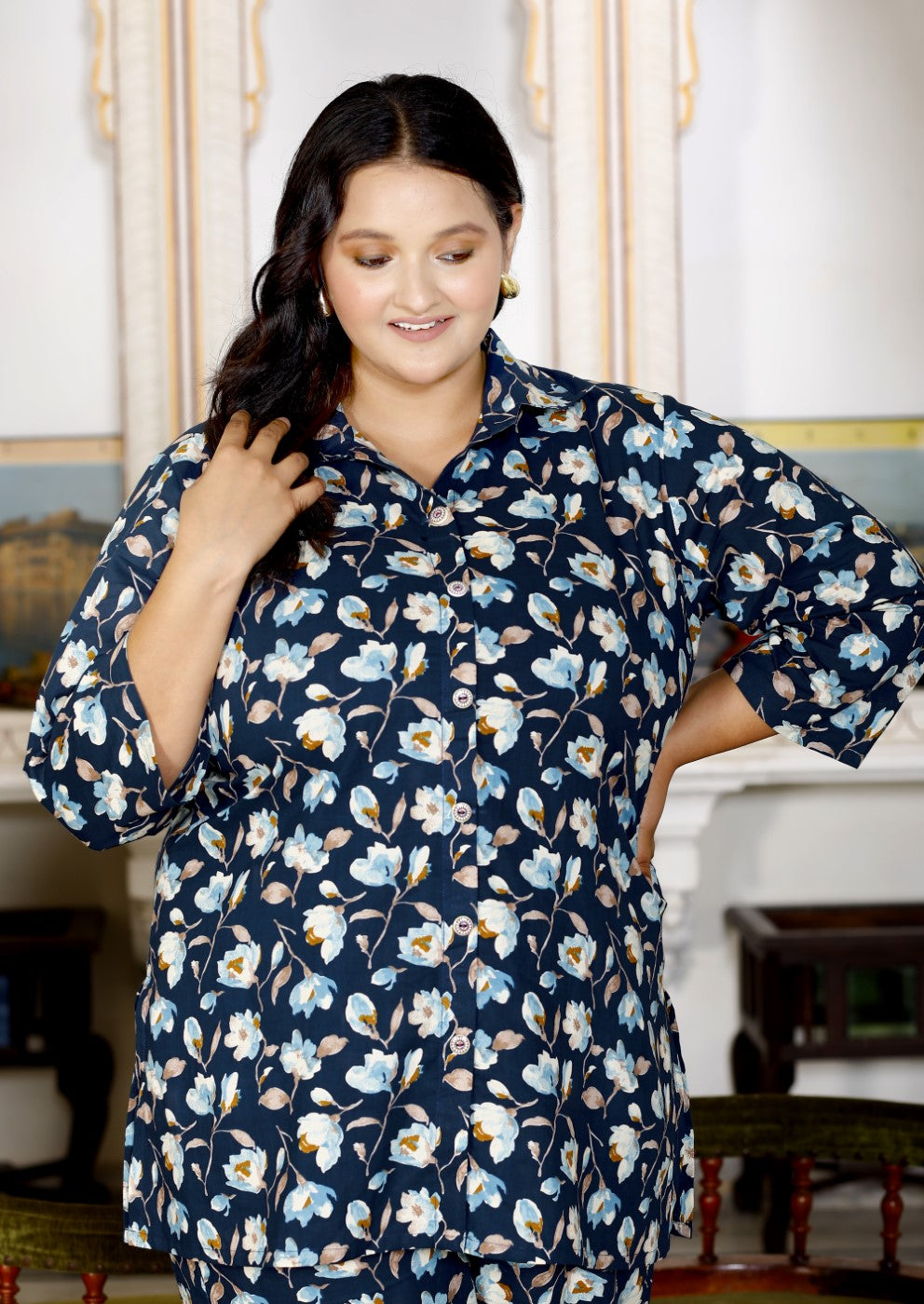 Plus Size Blue Cotton Floral Print Co-ord Set -1200015
