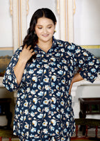 Plus Size Blue Cotton Floral Print Co-ord Set -1200015