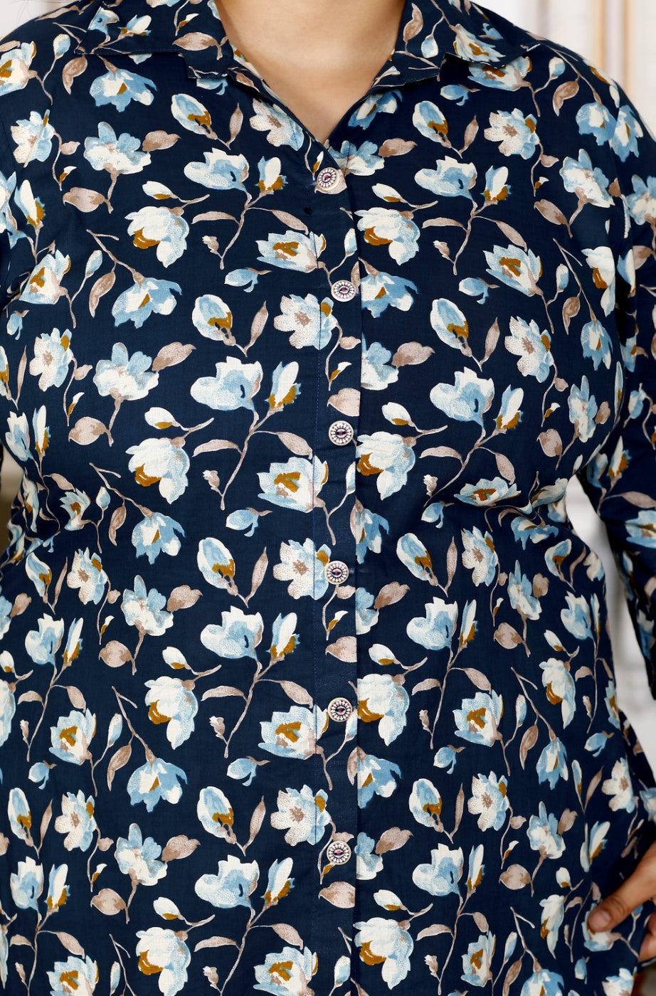 Plus Size Blue Cotton Floral Print Co-ord Set -1200015
