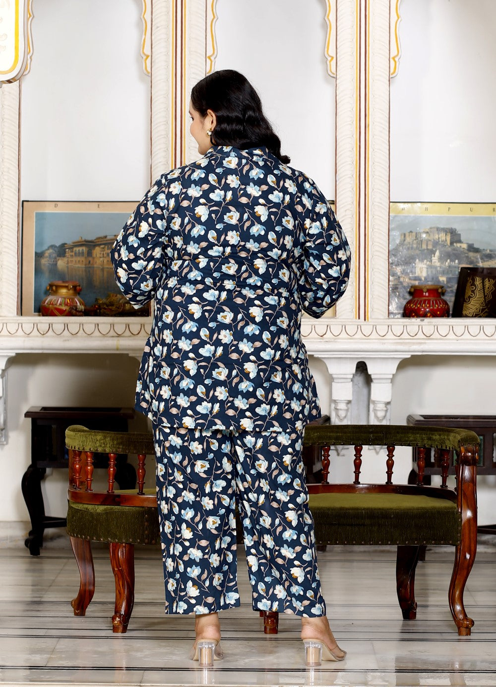 Plus Size Blue Cotton Floral Print Co-ord Set -1200015