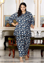 Plus Size Blue Cotton Floral Print Co-ord Set -1200015